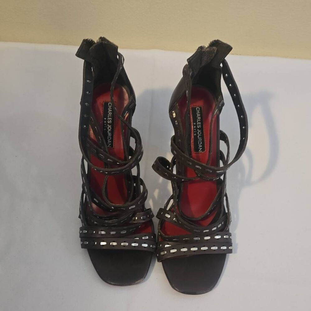 Charles Jourdan Brownish Gray Leather Sandals w/Heels, Flat Studs, Size 9, NEW